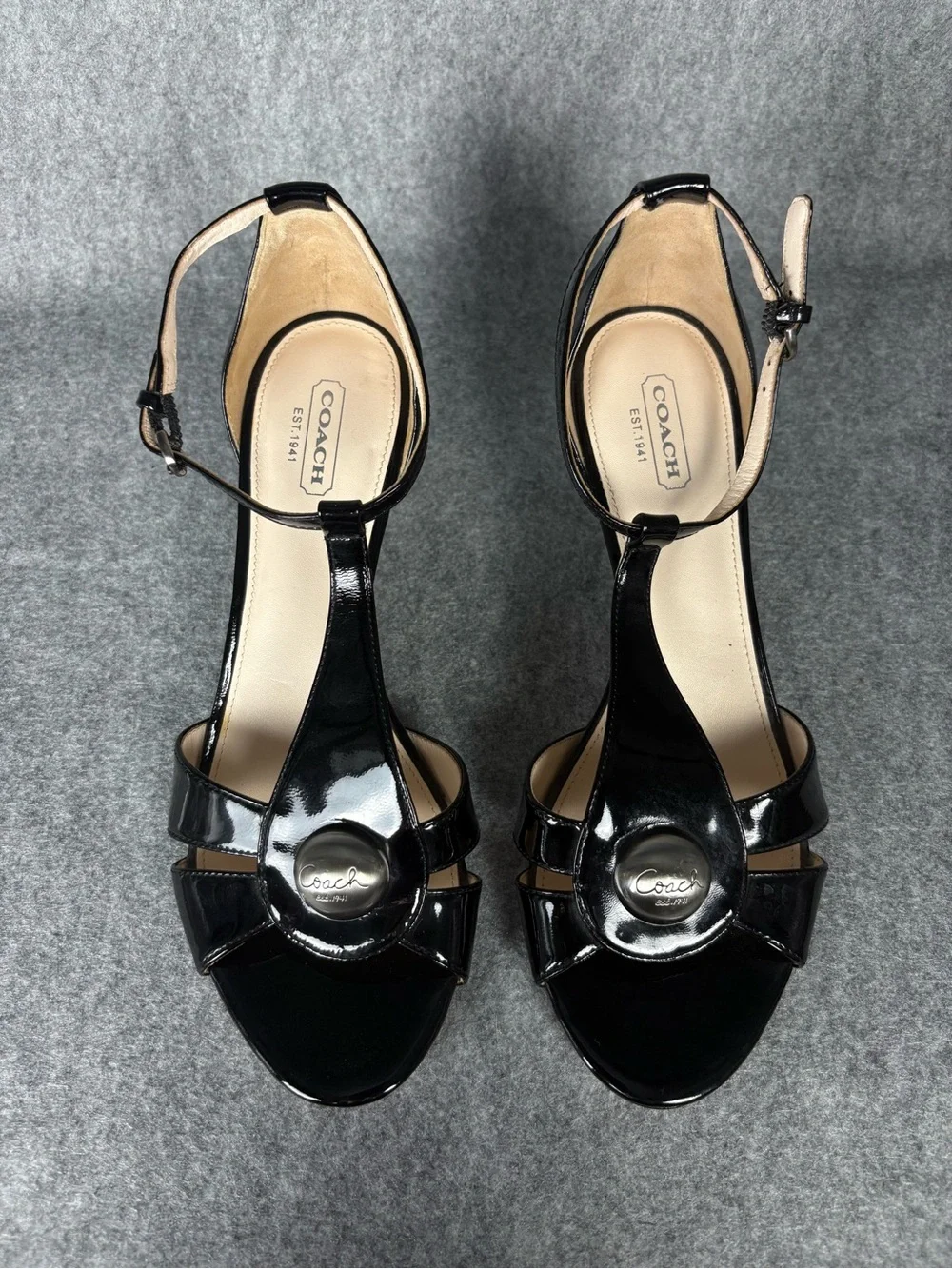 Coach Hellena Black Patent Leather Kitten Heel Sandals 8.5